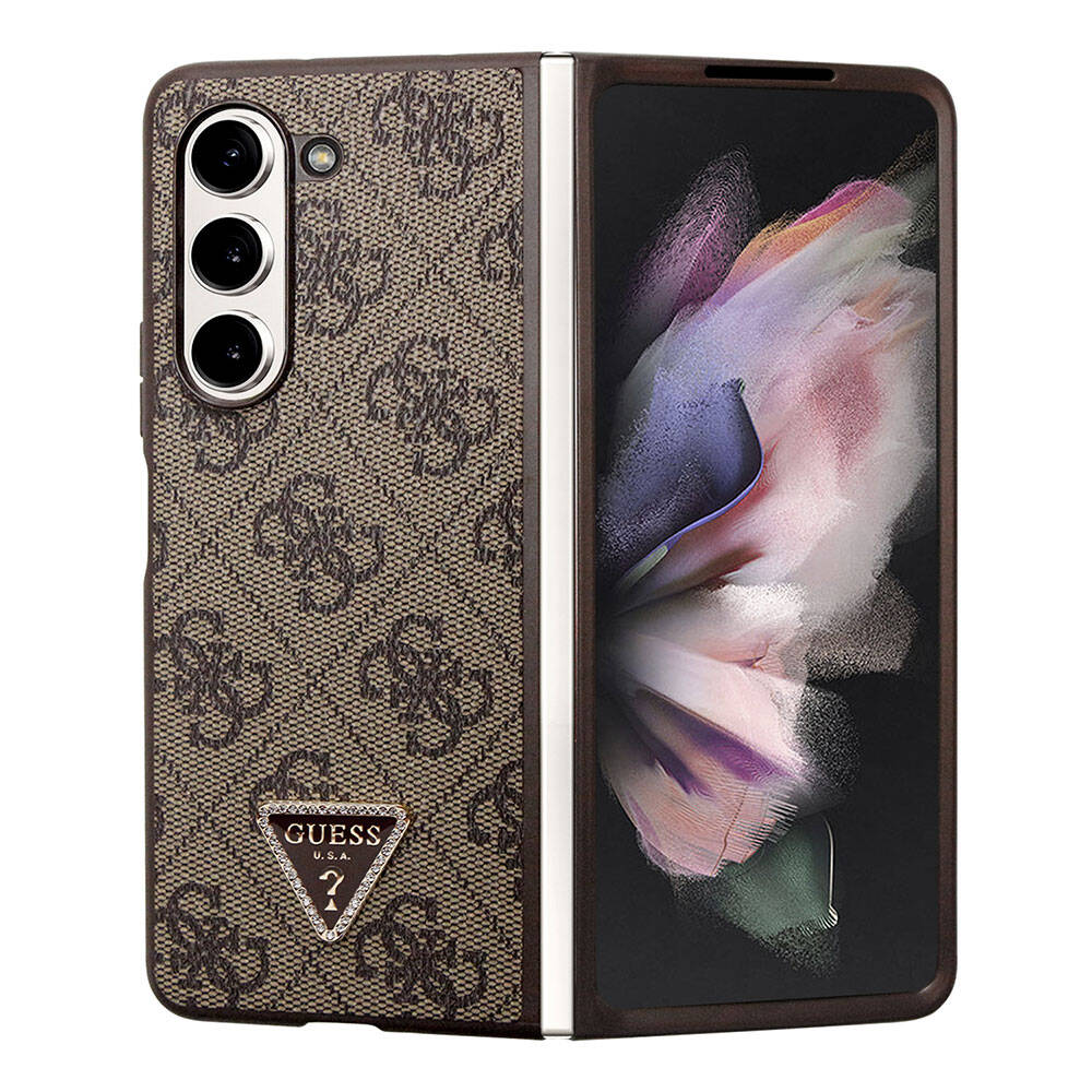 Galaxy Z Fold 5 Case Guess Original Licensed PU Leather Stone Triangle Logo 4G Patterned Strass Cover Pink