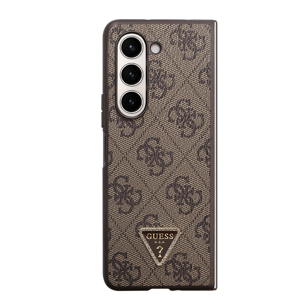 Galaxy Z Fold 5 Case Guess Original Licensed PU Leather Stone Triangle Logo 4G Patterned Strass Cover Pink