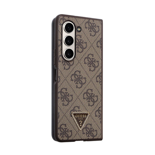 Galaxy Z Fold 5 Case Guess Original Licensed PU Leather Stone Triangle Logo 4G Patterned Strass Cover Brown