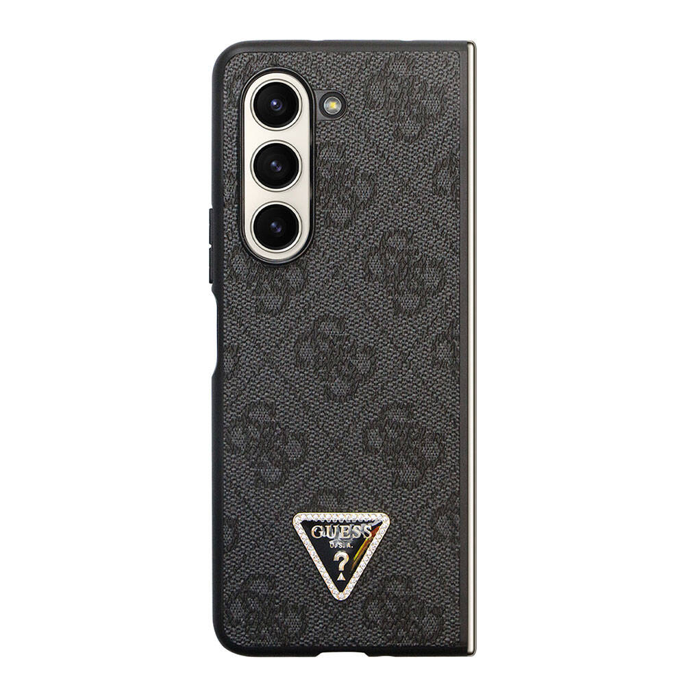Galaxy Z Fold 5 Case Guess Original Licensed PU Leather Stone Triangle Logo 4G Patterned Strass Cover Black