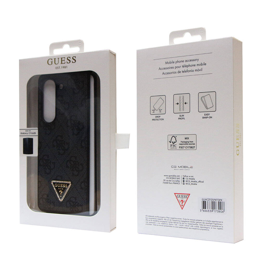 Galaxy Z Fold 5 Case Guess Original Licensed PU Leather Stone Triangle Logo 4G Patterned Strass Cover Pink