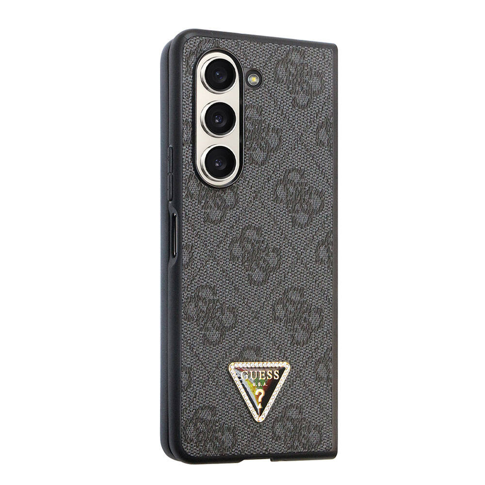 Galaxy Z Fold 5 Case Guess Original Licensed PU Leather Stone Triangle Logo 4G Patterned Strass Cover Black