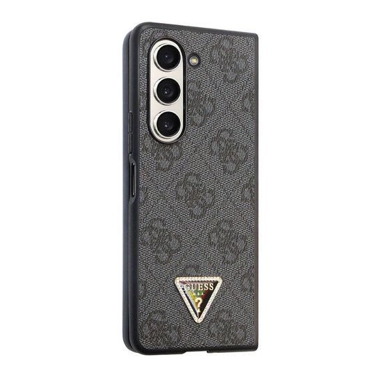 Galaxy Z Fold 5 Case Guess Original Licensed PU Leather Stone Triangle Logo 4G Patterned Strass Cover Black