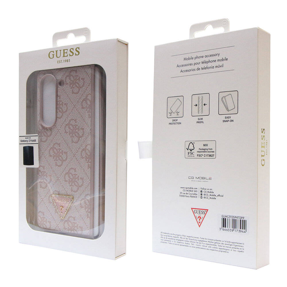 Galaxy Z Fold 5 Case Guess Original Licensed PU Leather Stone Triangle Logo 4G Patterned Strass Cover Pink
