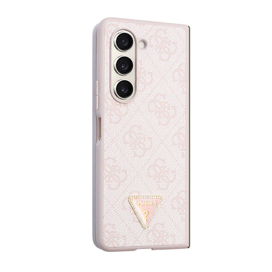 Galaxy Z Fold 5 Case Guess Original Licensed PU Leather Stone Triangle Logo 4G Patterned Strass Cover Pink