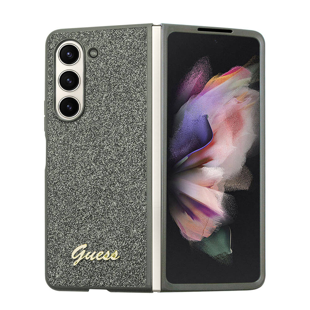 Galaxy Z Fold 5 Case Guess Original Licensed Text Logo Glitter Flakes Cover Khaki