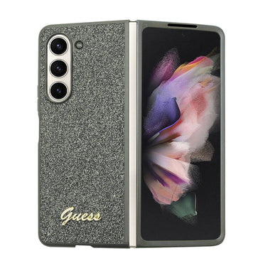 Galaxy Z Fold 5 Case Guess Original Licensed Text Logo Glitter Flakes Cover Khaki