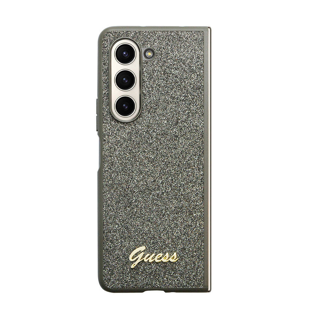 Galaxy Z Fold 5 Case Guess Original Licensed Text Logo Glitter Flakes Cover Khaki