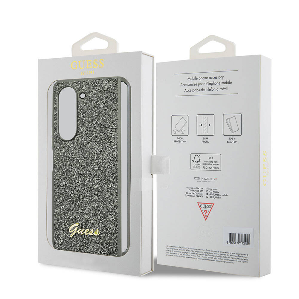 Galaxy Z Fold 5 Case Guess Original Licensed Text Logo Glitter Flakes Cover Khaki
