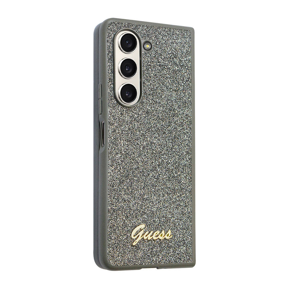 Galaxy Z Fold 5 Case Guess Original Licensed Text Logo Glitter Flakes Cover Khaki