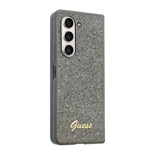 Galaxy Z Fold 5 Case Guess Original Licensed Text Logo Glitter Flakes Cover Khaki