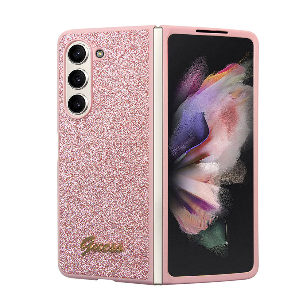 Galaxy Z Fold 5 Case Guess Original Licensed Glitter Script Cover with Logo Pink
