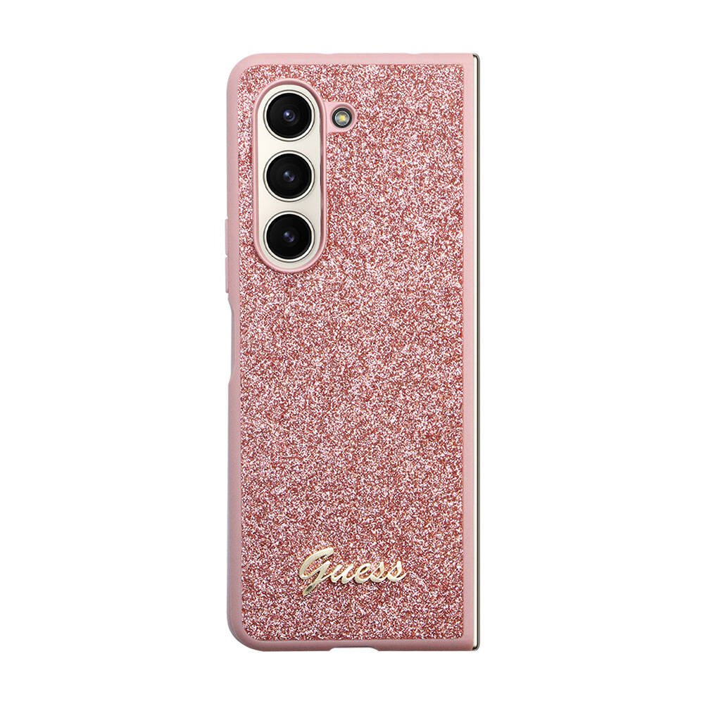 Galaxy Z Fold 5 Case Guess Original Licensed Glitter Script Cover with Logo Pink
