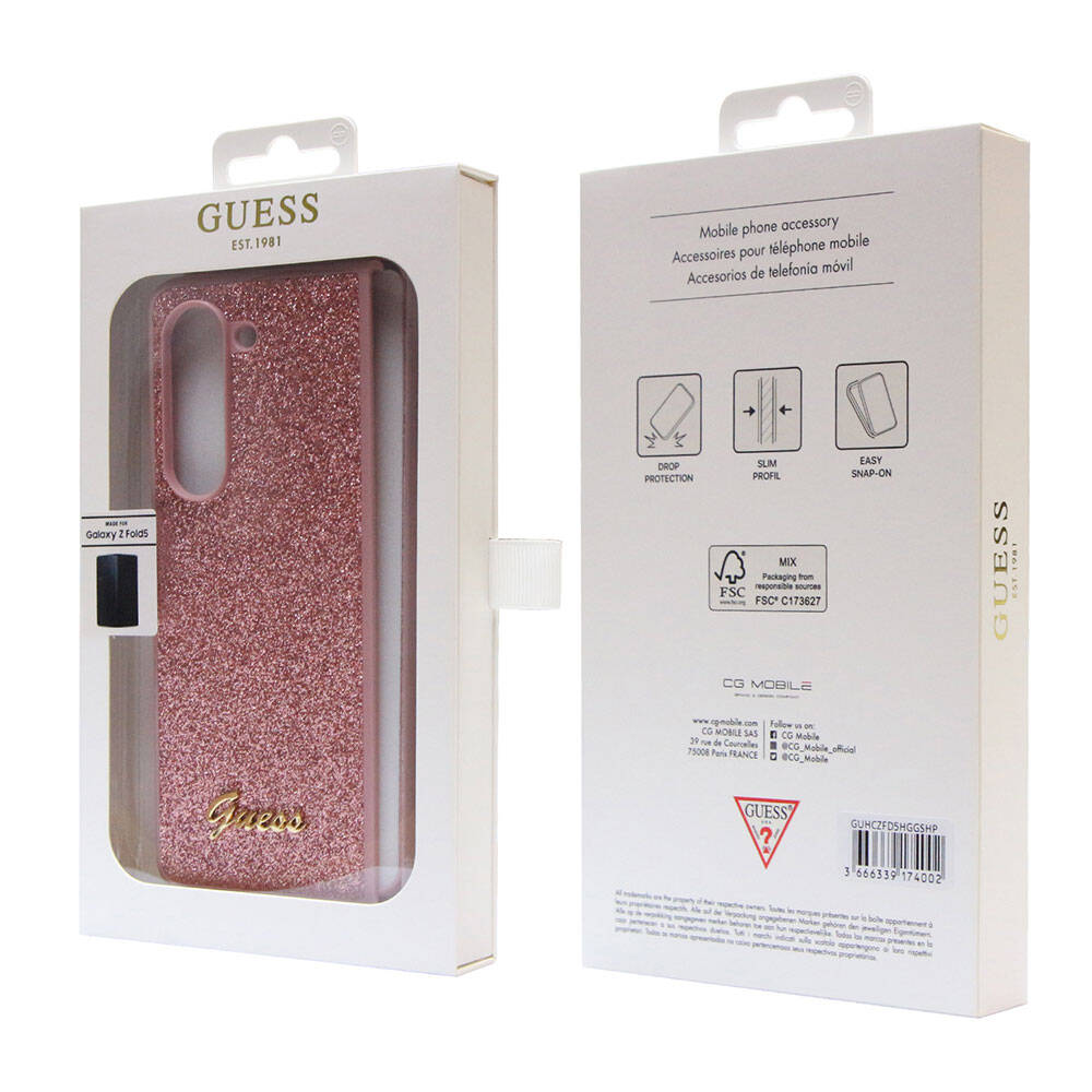 Galaxy Z Fold 5 Case Guess Original Licensed Glitter Script Cover with Logo Pink