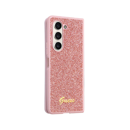 Galaxy Z Fold 5 Case Guess Original Licensed Glitter Script Cover with Logo Pink