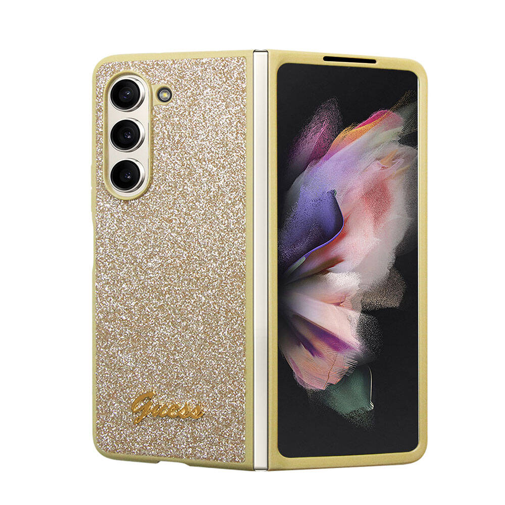 Galaxy Z Fold 5 Case Guess Original Licensed Glitter Script Cover Gold with Text Logo