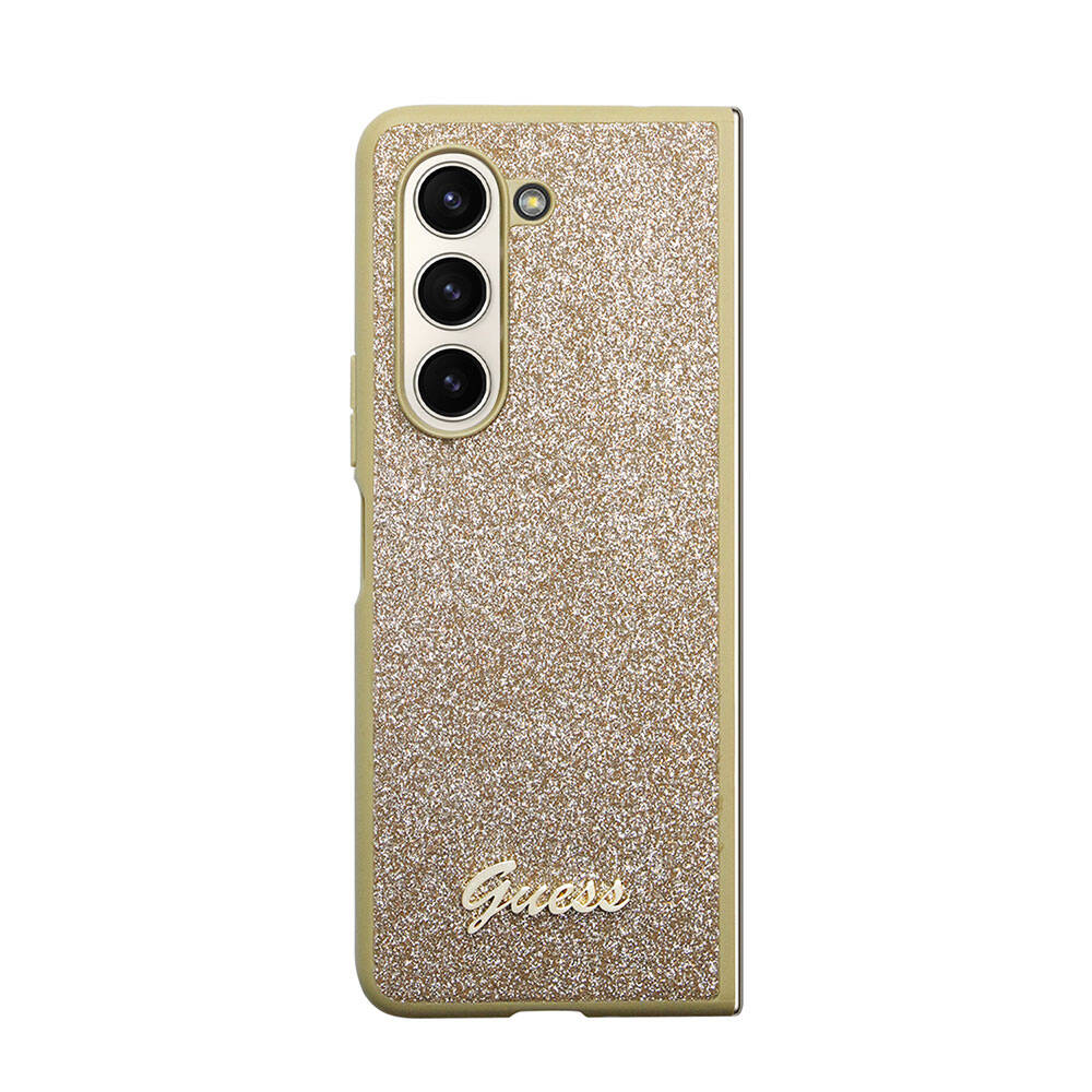 Galaxy Z Fold 5 Case Guess Original Licensed Glitter Script Cover Gold with Text Logo