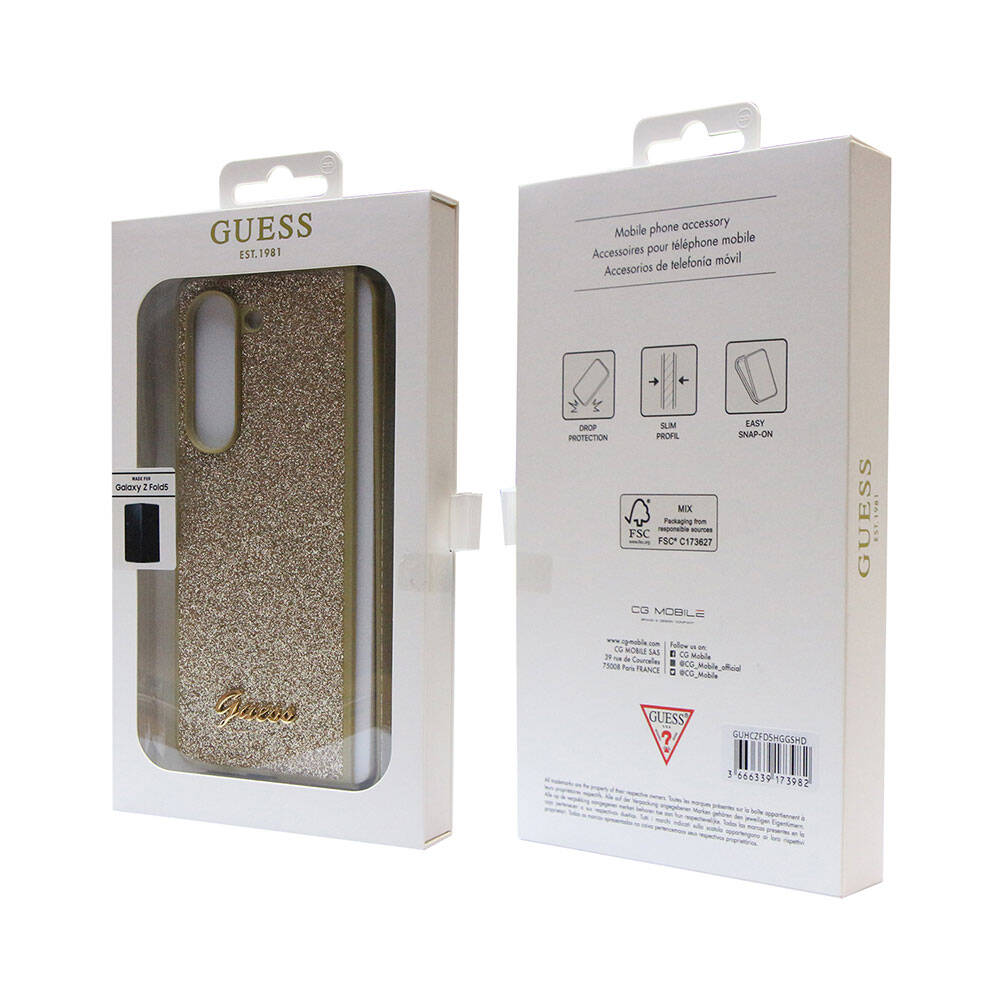 Galaxy Z Fold 5 Case Guess Original Licensed Glitter Script Cover Gold with Text Logo