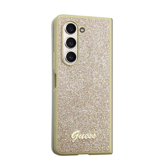 Galaxy Z Fold 5 Case Guess Original Licensed Glitter Script Cover Gold with Text Logo