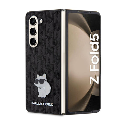 Galaxy Z Fold 5 Kılıf Karl Lagerfeld Orjinal Lisanslı KL Desenli Choupette İkonik Saffiano Kapak Siyah