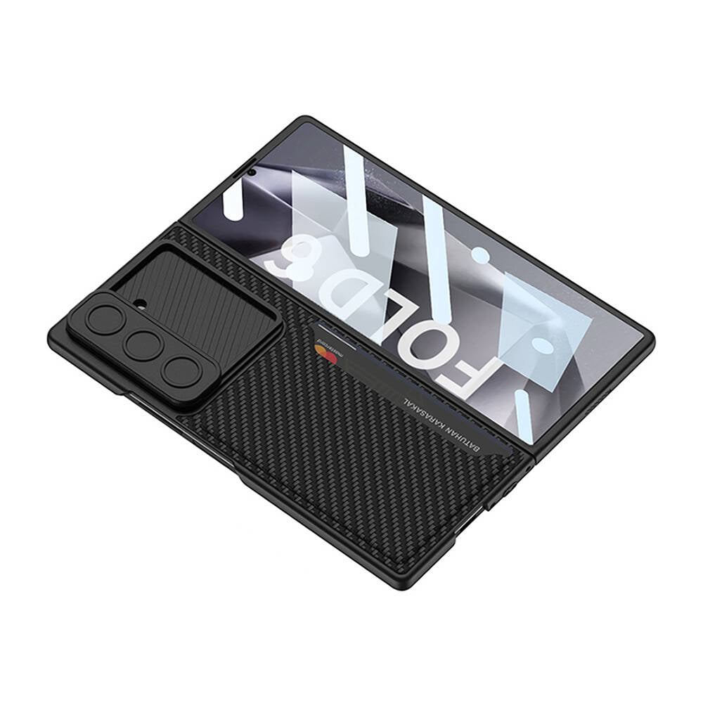 Galaxy Z Fold 6 Case Camera Protection Carbon Fiber Back Surface Zore Card Holder Hard Cover Black 