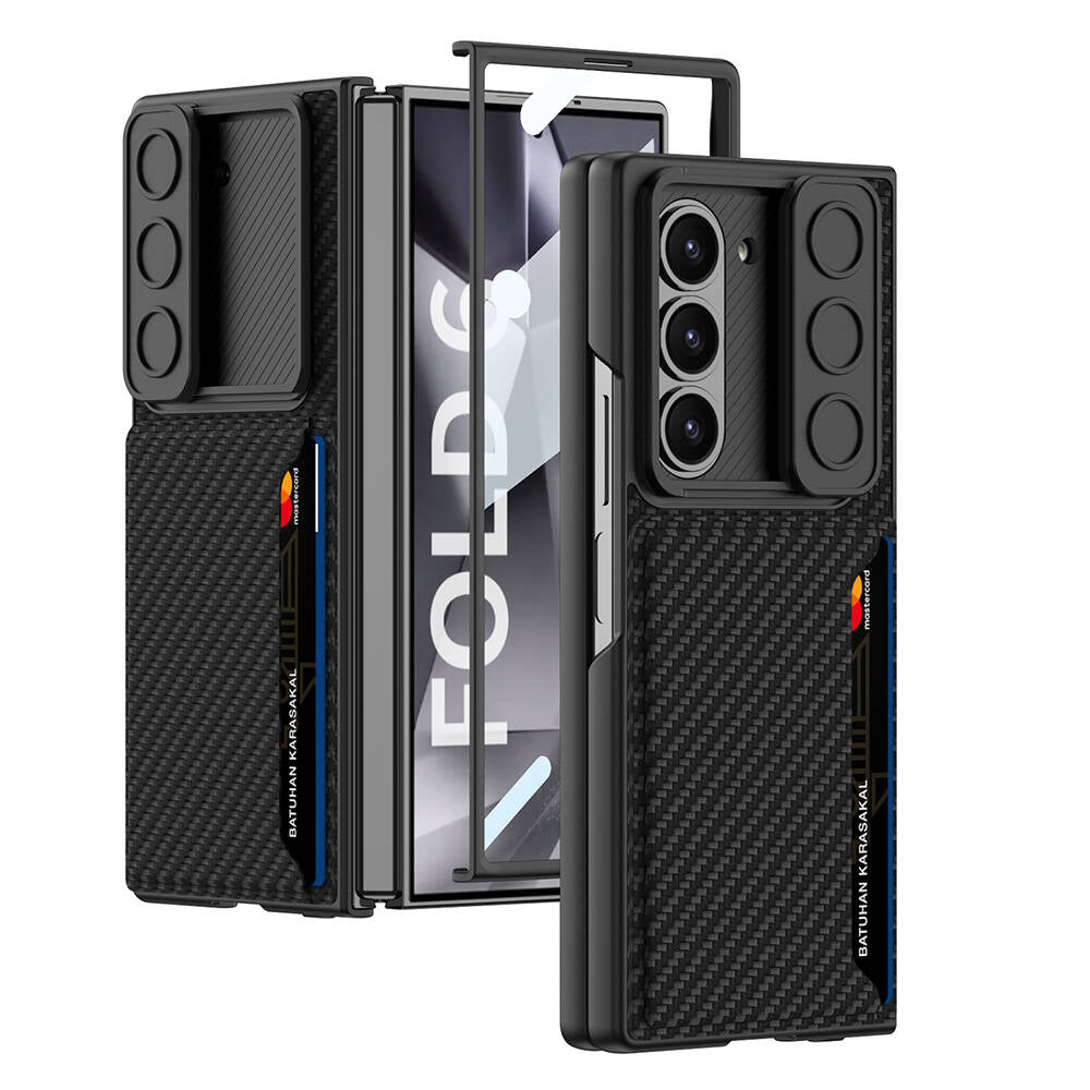 Galaxy Z Fold 6 Case Camera Protection Carbon Fiber Back Surface Zore Card Holder Hard Cover Black 