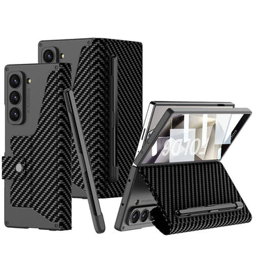 Galaxy Z Fold 6 Case Camera Protection Carbon Design Zore Kipta Pen Compartment Fest Cover Black Carbon
