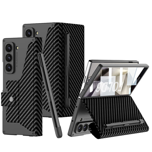 Galaxy Z Fold 6 Case Camera Protection Carbon Design Zore Kipta Pen Compartment Fest Cover Black Carbon