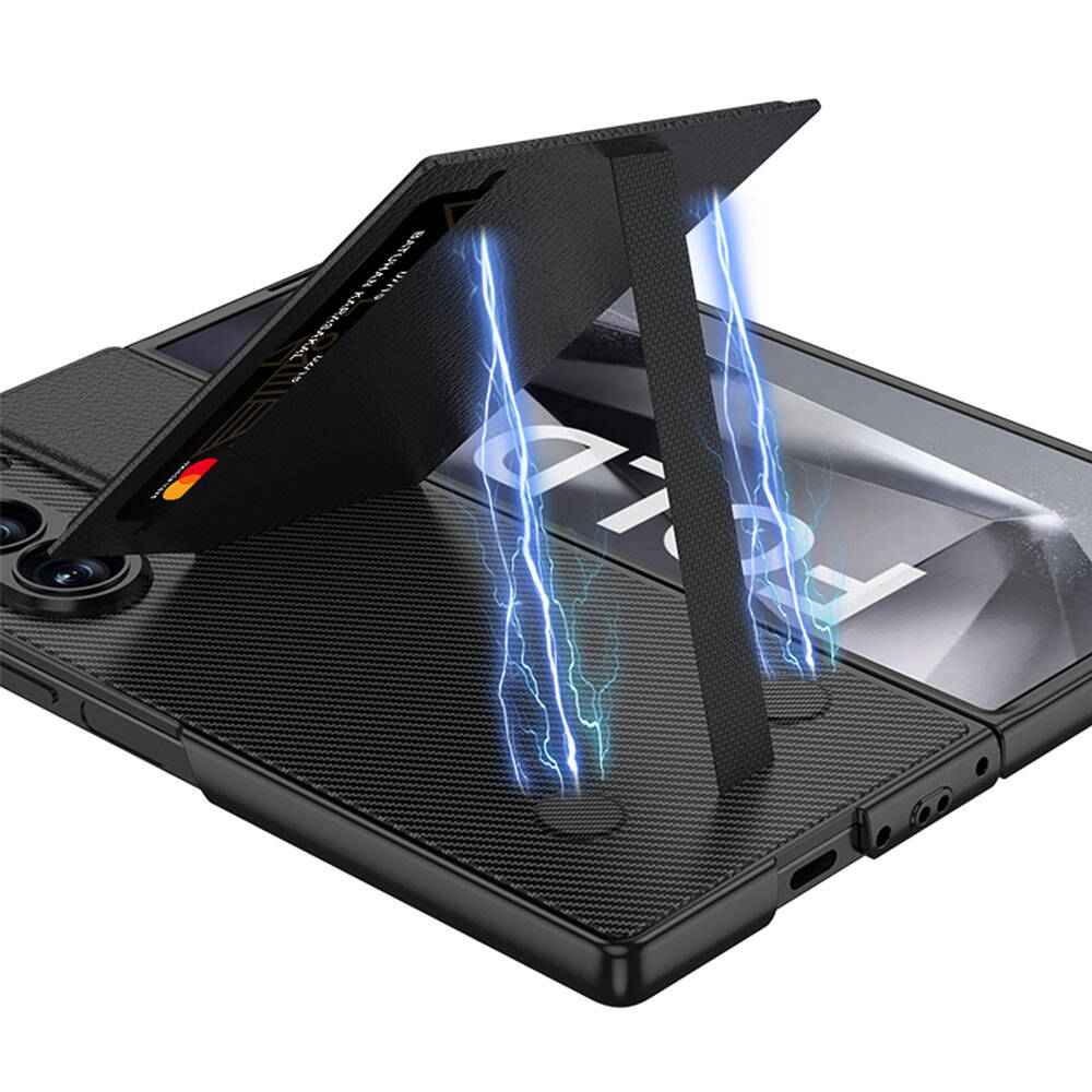 Galaxy Z Fold 6 Case Carbon Fiber Leather Card Holder Zore Kıpta Vertical Card Holder Cover Black 