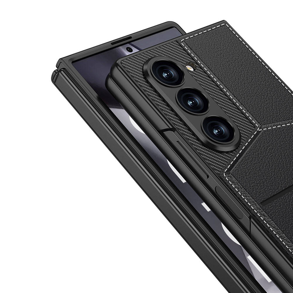 Galaxy Z Fold 6 Case Carbon Fiber Leather Card Holder Zore Kıpta Vertical Card Holder Cover Black 