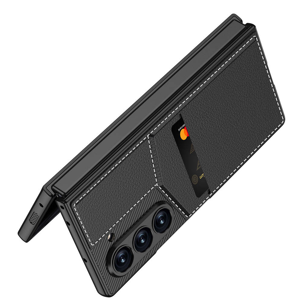 Galaxy Z Fold 6 Case Carbon Fiber Leather Card Holder Zore Kıpta Vertical Card Holder Cover Black 