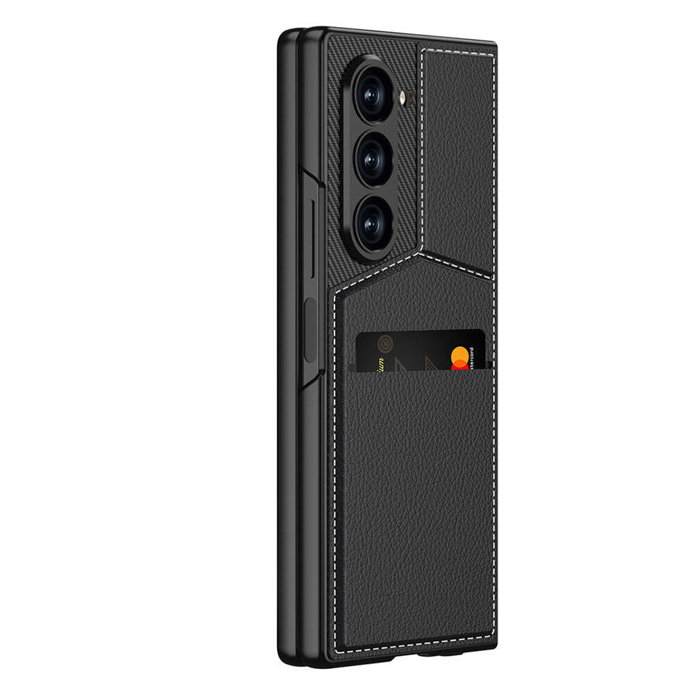 Galaxy Z Fold 6 Case Carbon Fiber Leather Card Holder Zore Kıpta Vertical Card Holder Cover Black 