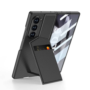 Galaxy Z Fold 6 Case Carbon Fiber Leather Card Holder Zore Kıpta Vertical Card Holder Cover Black 