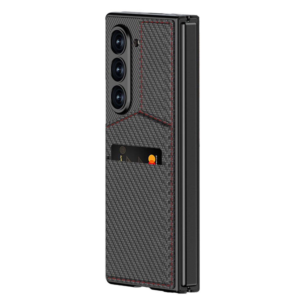 Galaxy Z Fold 6 Carbon Fiber Card Holder Case Zore Kıpta Vertical Card Holder Cover Black 