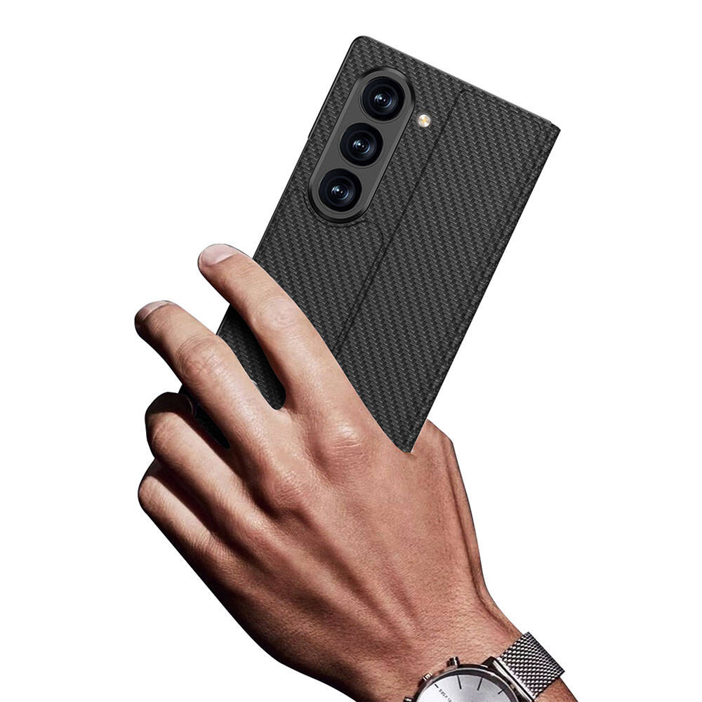 Galaxy Z Fold 6 Case Carbon Fiber Design Magnetic Clasp Card Holder Zore Kıpta Zegna Cover Black 