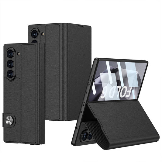 Galaxy Z Fold 6 Case Faux Leather Design Magnetic Clasp and Card Holder Zore Kıpta Zegna Cover Black 