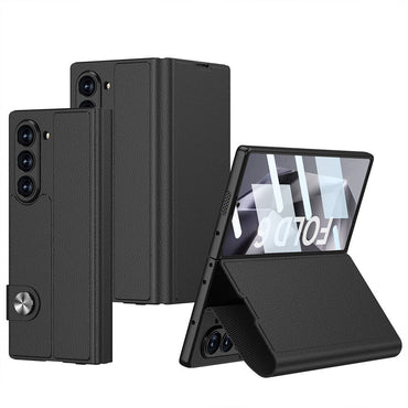 Galaxy Z Fold 6 Case Faux Leather Design Magnetic Clasp and Card Holder Zore Kıpta Zegna Cover Black 