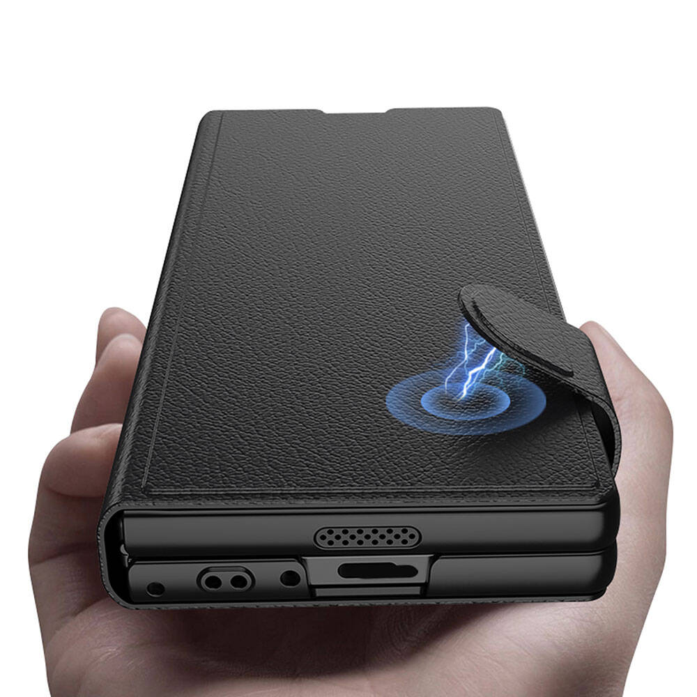 Galaxy Z Fold 6 Case Faux Leather Design Magnetic Clasp and Card Holder Zore Kıpta Zegna Cover Black 