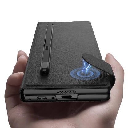 Galaxy Z Fold 6 Suni Deri Tasarımlı Kalem Bölmeli Zore Kıpta Kartlıklı Standlı Kapak Siyah Litchi