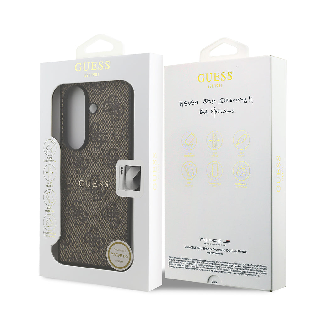 Galaxy Z Fold 7 Kılıf Guess Orjinal Lisanslı M-safe Şarj Özellikli 4G Desen Yazı Logolu Kapak Kahverengi