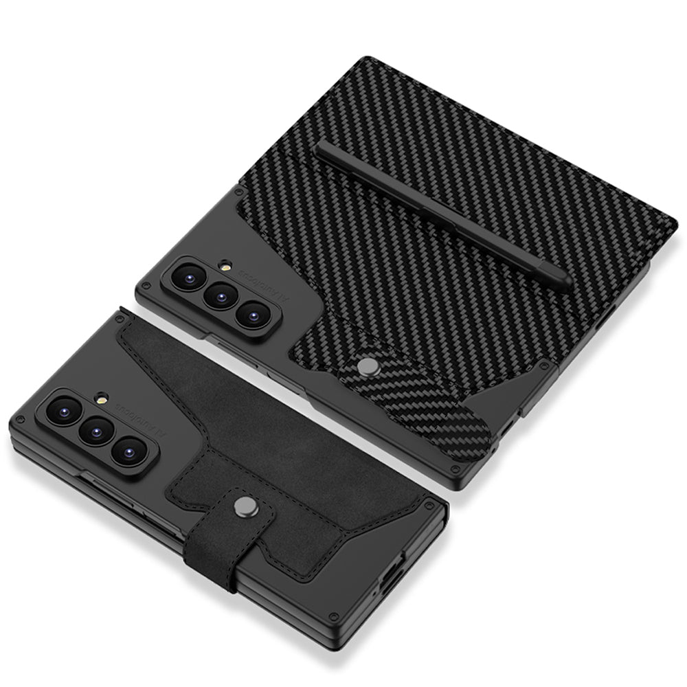 Galaxy Z Fold 7 Case Camera Protection Carbon Design Zore Kıpta Pen Compartment Fest Cover Black
