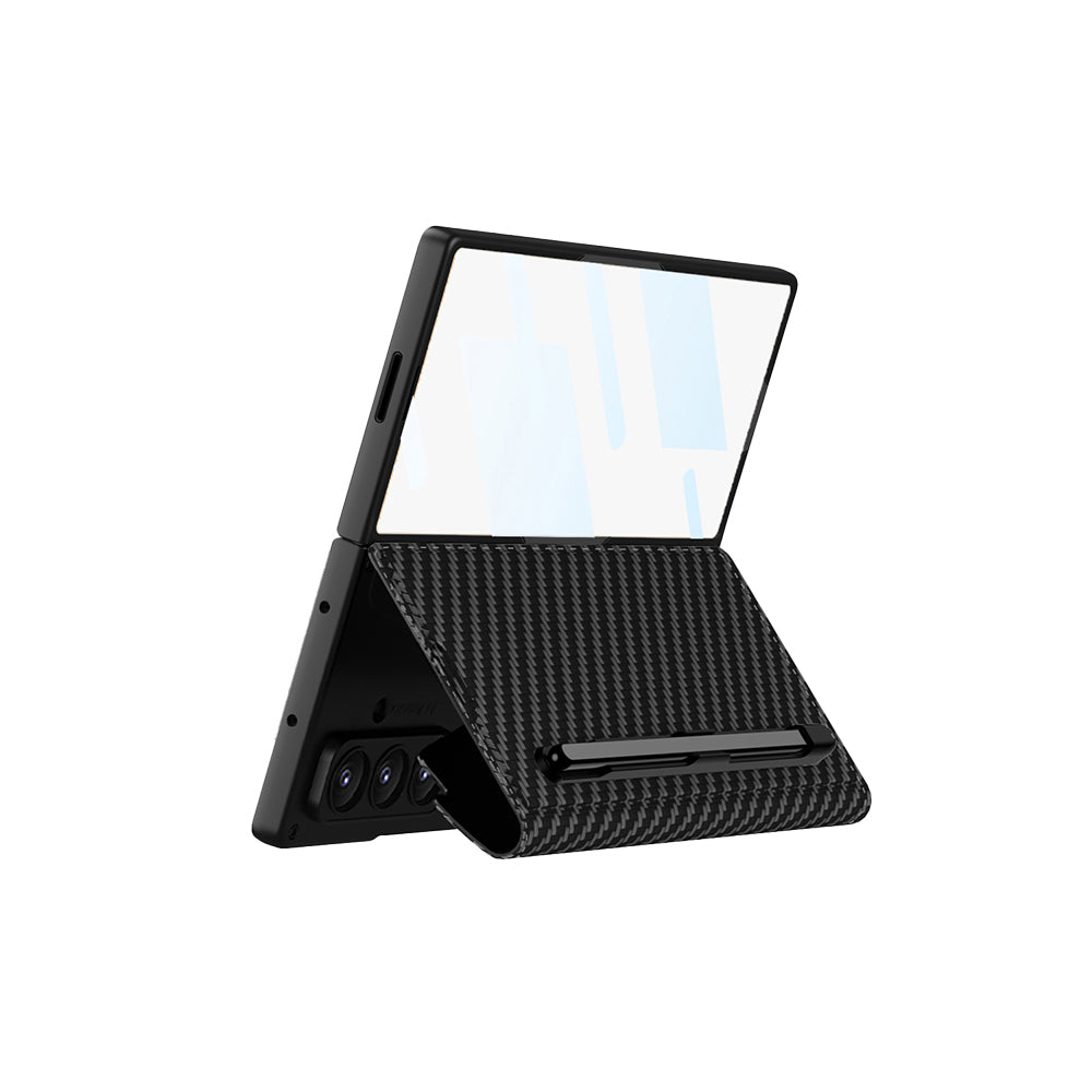 Galaxy Z Fold 7 Case Camera Protection Carbon Design Zore Kıpta Pen Compartment Fest Cover Black
