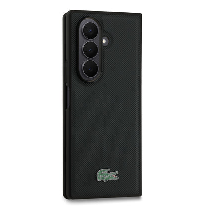 Galaxy Z Fold 7 Kılıf Lacoste Orjinal Lisanslı M-safe Şarj Özellikli Pike Desenli Arka Yüzey İkonik Timsah Metal Logolu Kapak Siyah