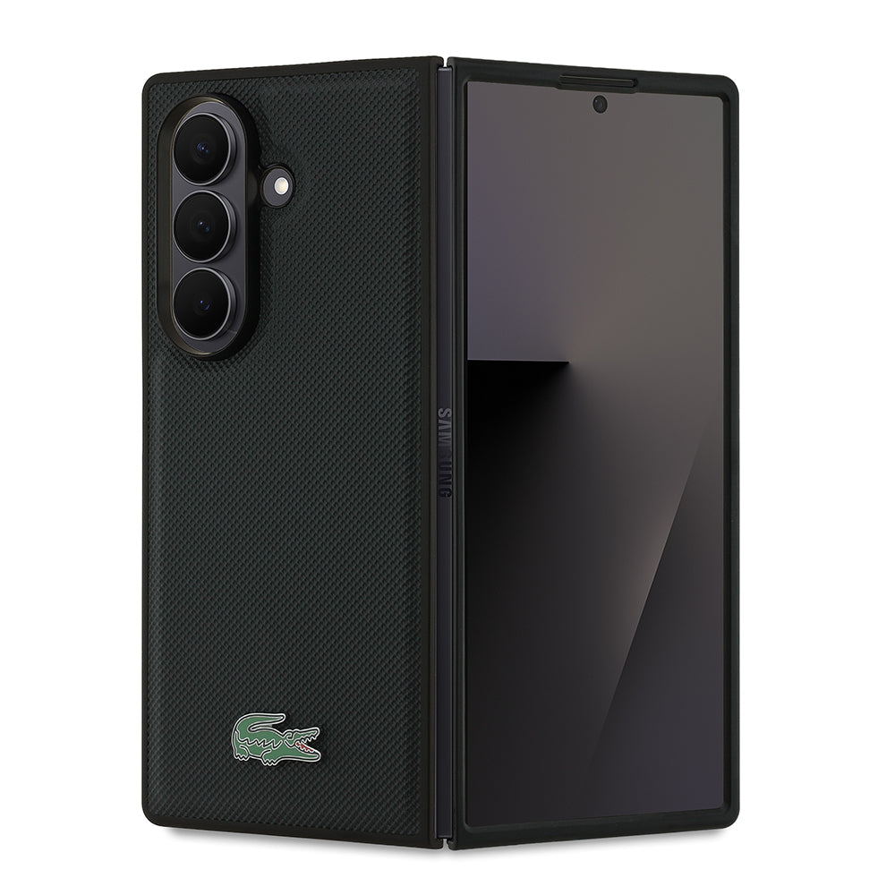 Galaxy Z Fold 7 Kılıf Lacoste Orjinal Lisanslı M-safe Şarj Özellikli Pike Desenli Arka Yüzey İkonik Timsah Metal Logolu Kapak Siyah