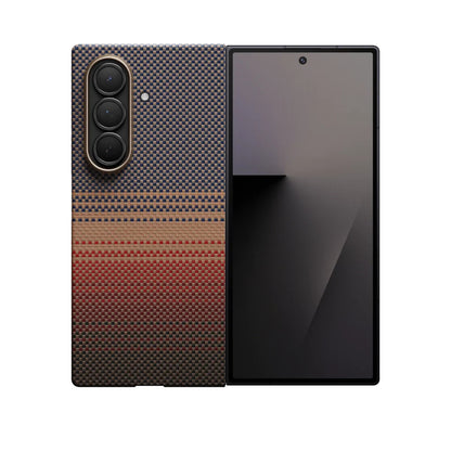 Galaxy Z Fold 7 Kılıf M-safe Şarj Özellikli Aramid Fiber Pitaka Tactile Woven Sunset-Moonrise Serisi Kapak Mavi
