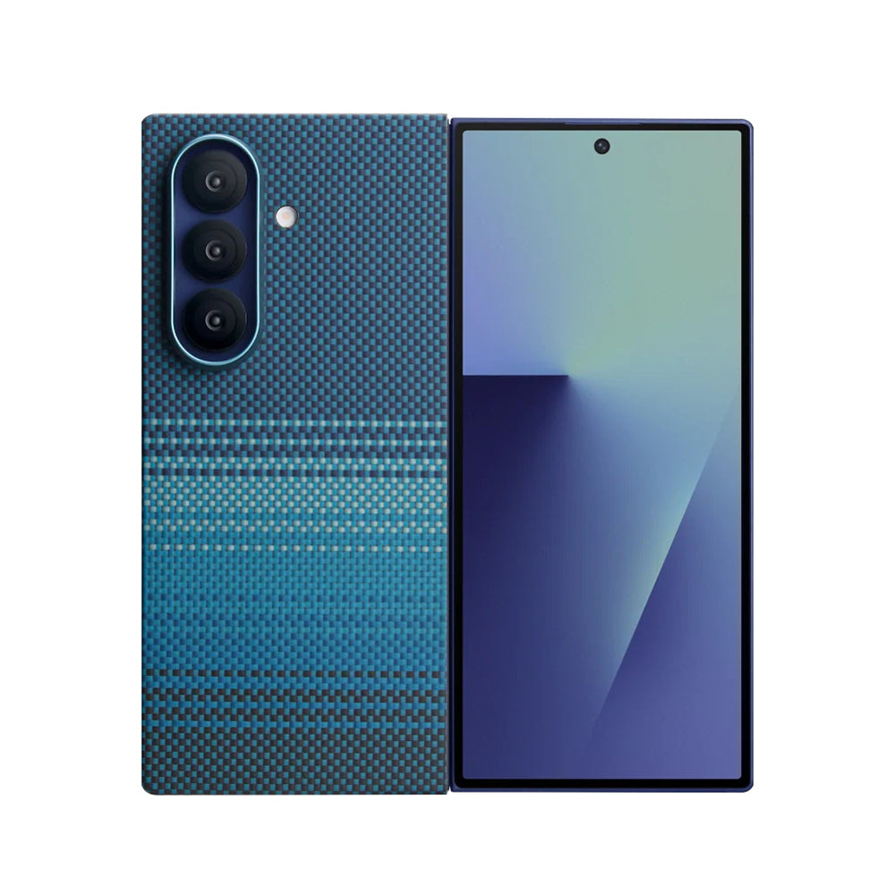 Galaxy Z Fold 7 Kılıf M-safe Şarj Özellikli Aramid Fiber Pitaka Tactile Woven Sunset-Moonrise Serisi Kapak Mavi