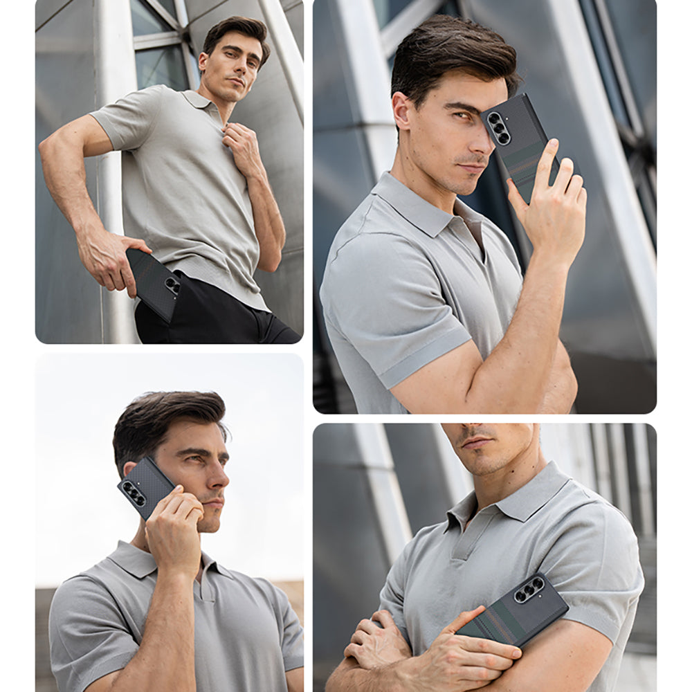 Galaxy Z Fold 7 Kılıf M-safe Şarj Özellikli Karbon Fiber Tasarımlı Benks Aurora ArmorAir Kevlar Kapak Yeşil