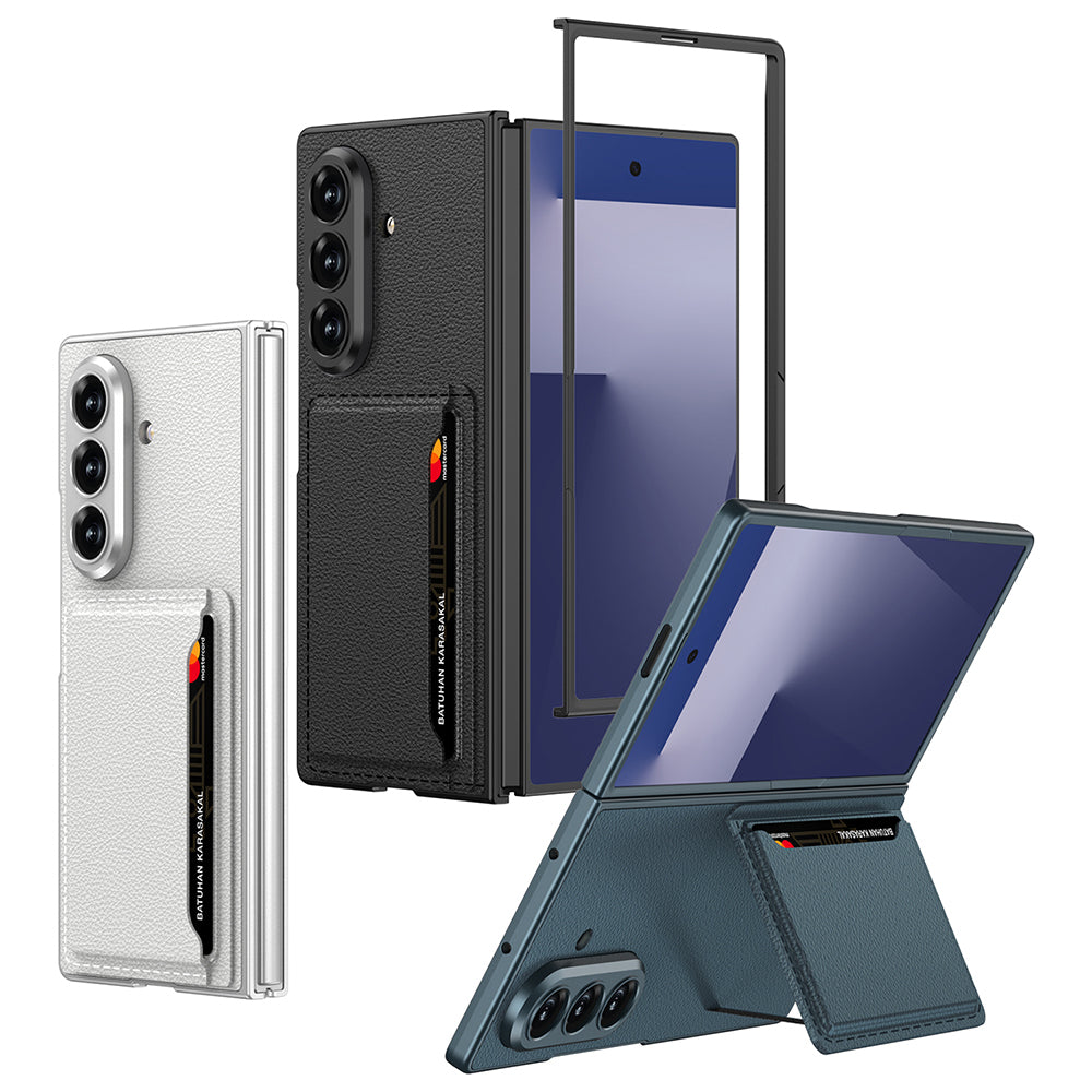 Galaxy Z Fold 7 Suni Deri Arka Yüzey Zore Kartlıklı Kıpta Silikon Kapak Siyah Karbon