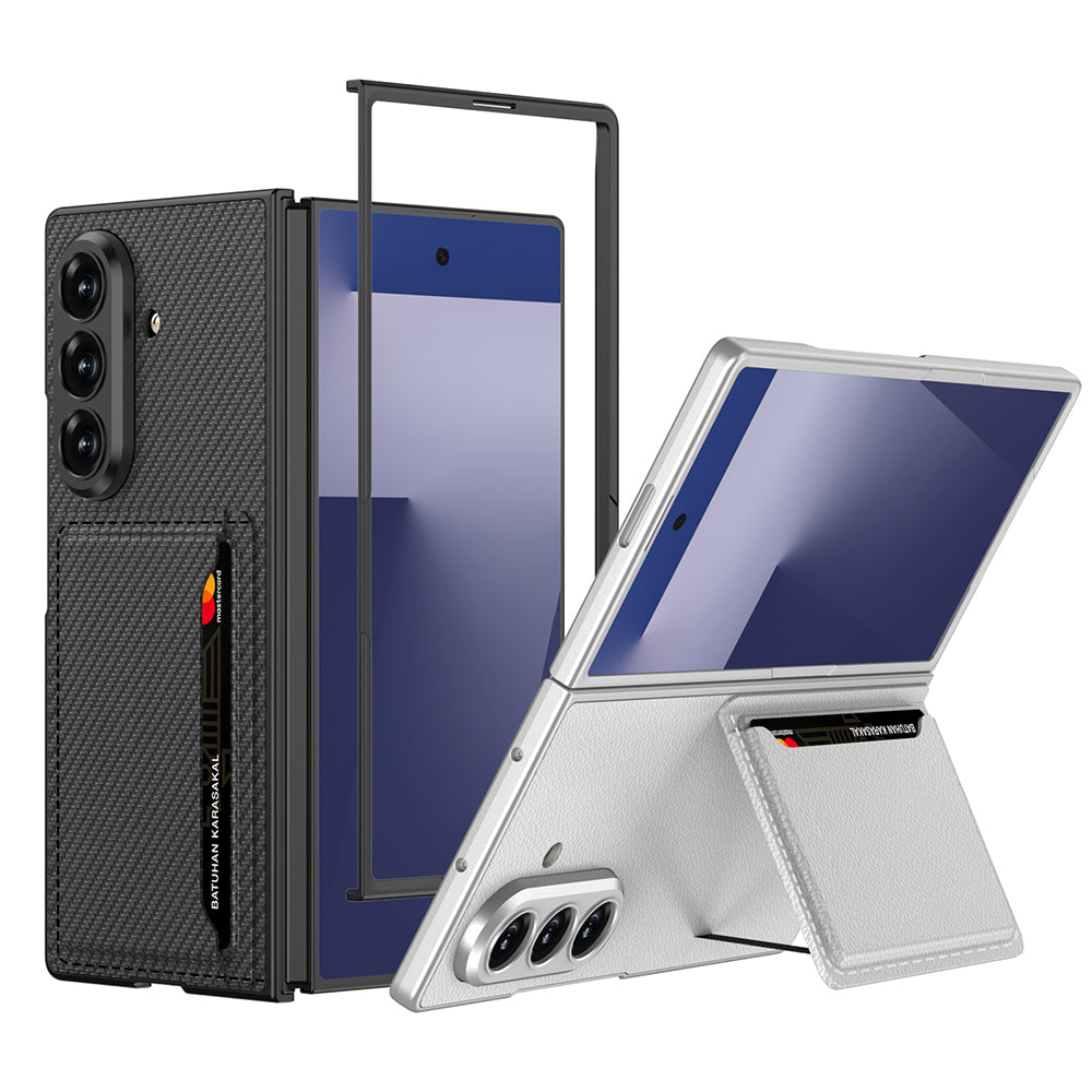 Galaxy Z Fold 7 Suni Deri Arka Yüzey Zore Kartlıklı Kıpta Silikon Kapak Siyah Karbon