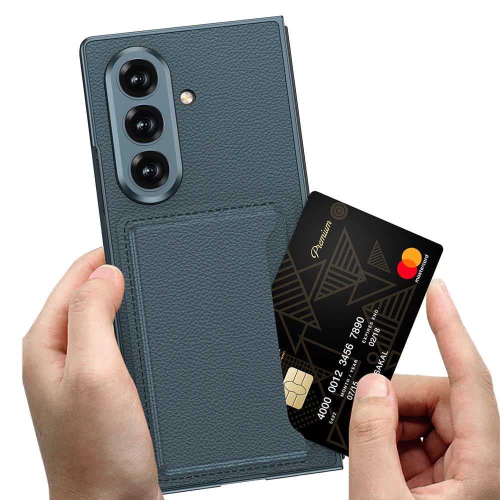 Galaxy Z Fold 7 Suni Deri Arka Yüzey Zore Kartlıklı Kıpta Silikon Kapak Siyah Karbon